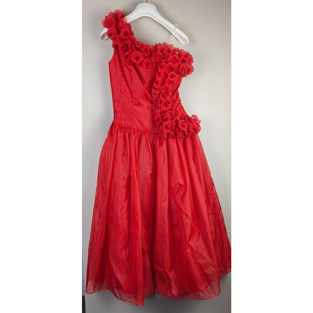 NWT Vintage Mike Benet Formals Swiss Dot One Shoulder Ruffle Dress Red/Silver 4